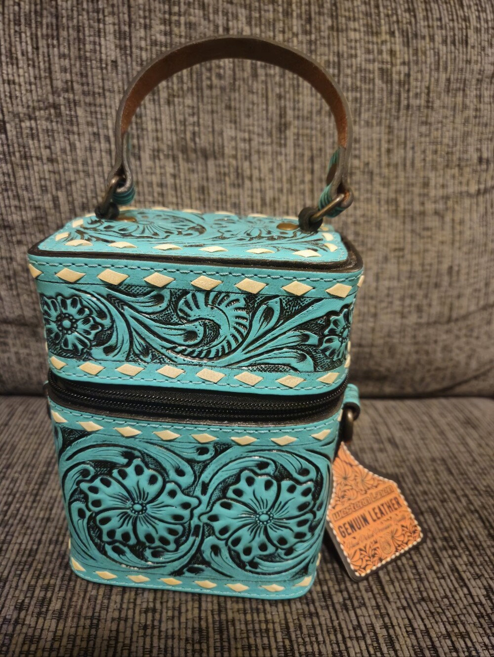 Turquoise Tooled Leather Mini Box Handbag - Genuine Leather